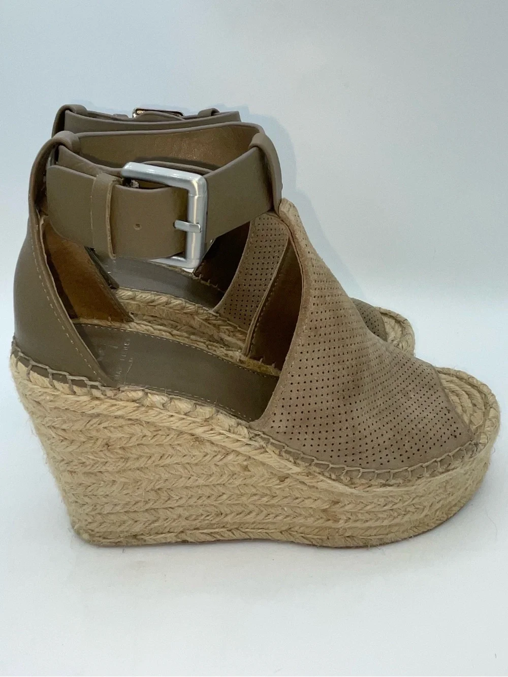 Marc Fisher “Lannie” Wedge Espadrille Platform Sandal in Taupe